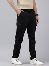 Men's Black Solid Cotton 7 Pockets Cargo Trouser